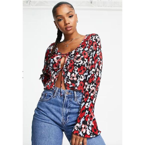 MONKL Women's Cut Plisse Red Floral Print Tie Front Bell Sleeve Cardigan Size S - Picture 4 of 8